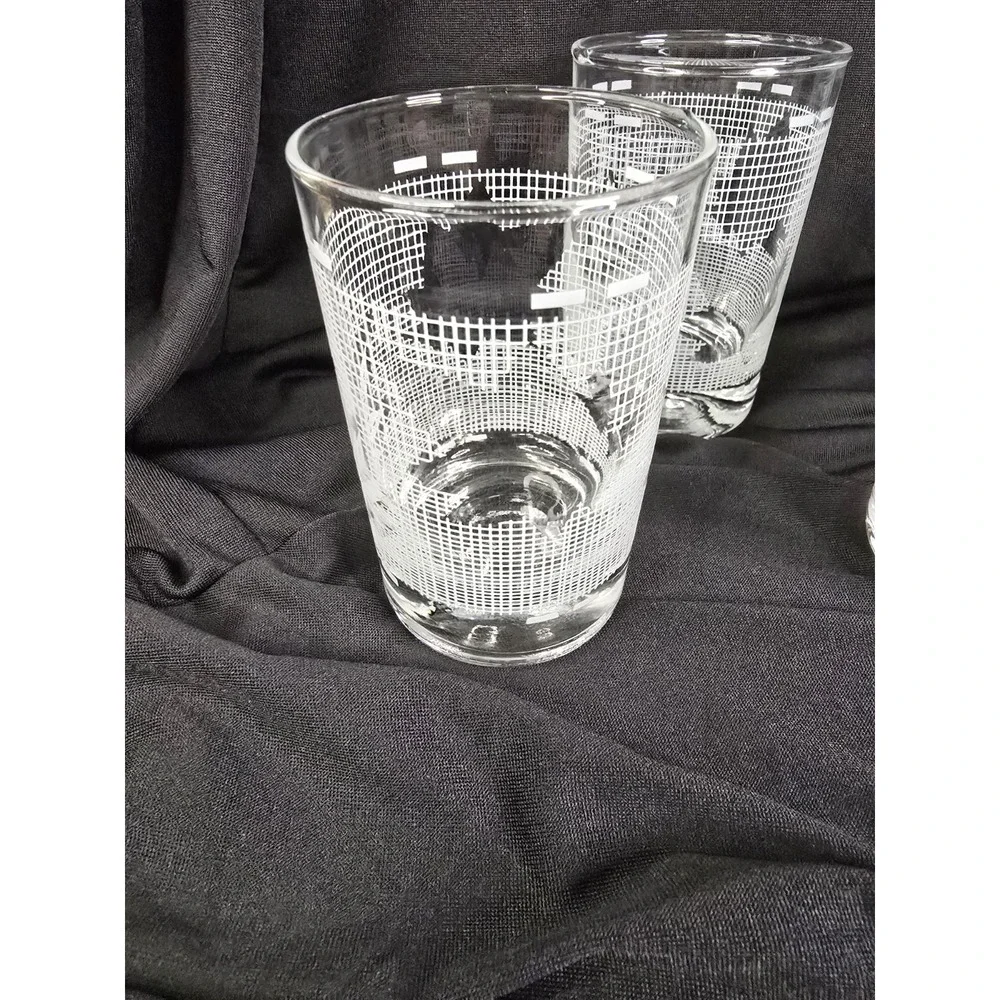 Vintage Mid Century White Frosted Leaf Grid‎ Juice Glasses Set of 4 Clear Retro